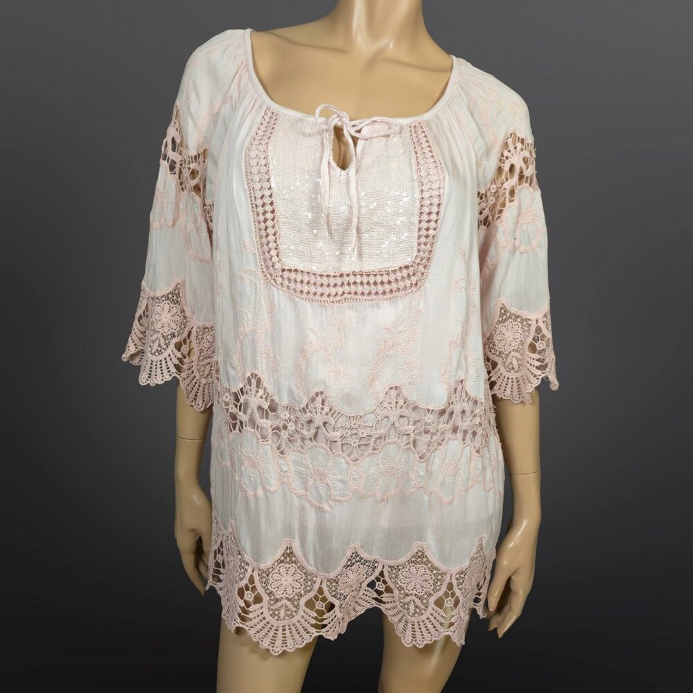Y2K Boho Fairy Pink Lace Sequin Long Top Tunic Size L Silk Blend Made In Italy